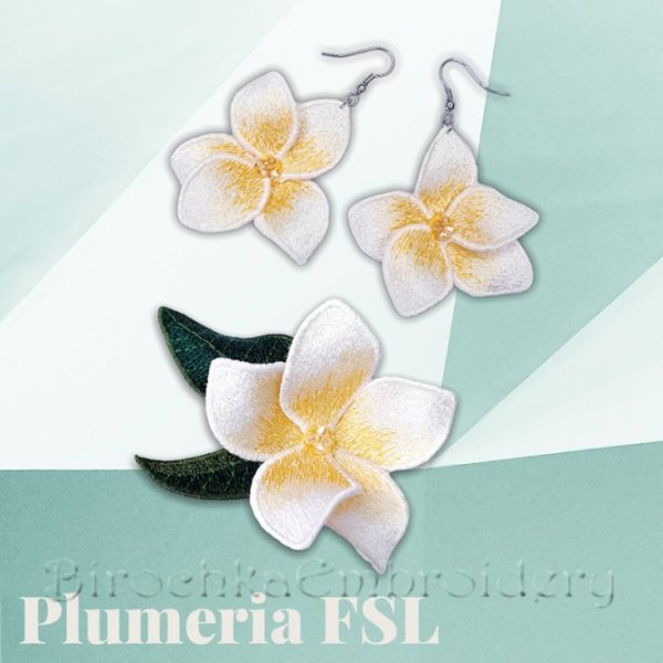 Plumeria FSL Brooch and Earrings machine embroidery design