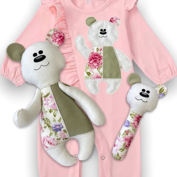 Machine embroidery designs set for babies: Soft toy, Rattle and Bear application. Project in the hoo