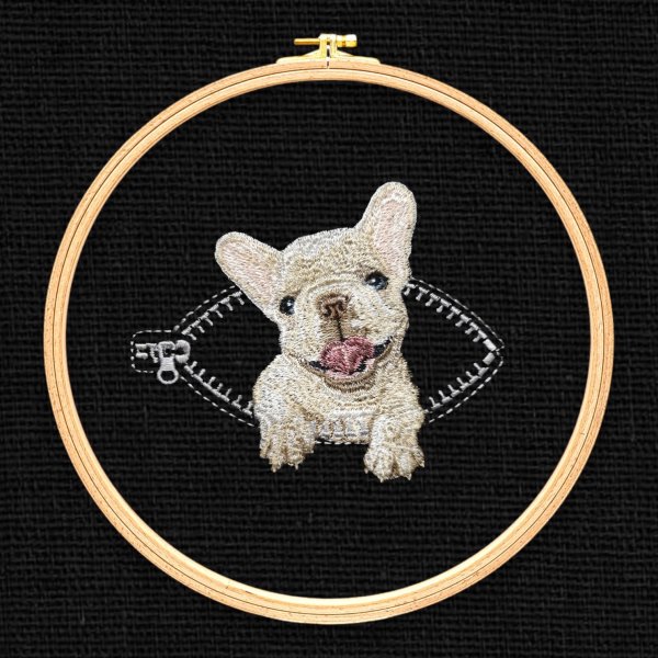 French bulldog in a pocket with a zipper Miniature realistic design of machine embroidery