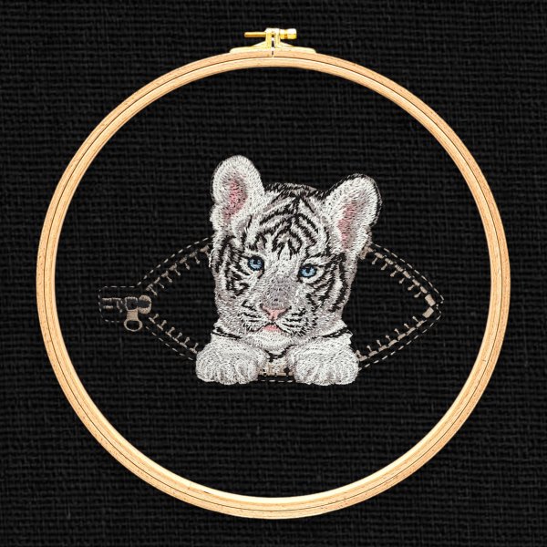 Tiger cub in a pocket with a zipper grey miniature realistic design of machine embroidery