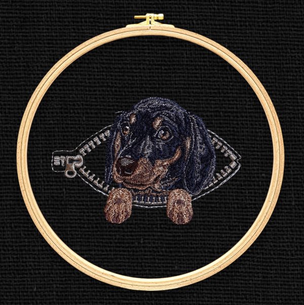 Dachshund in a pocket with a zipper Miniature realistic machine embroidery design