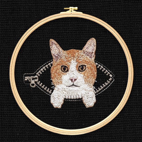 Red cat in a zipper pocket miniature realistic machine embroidery design