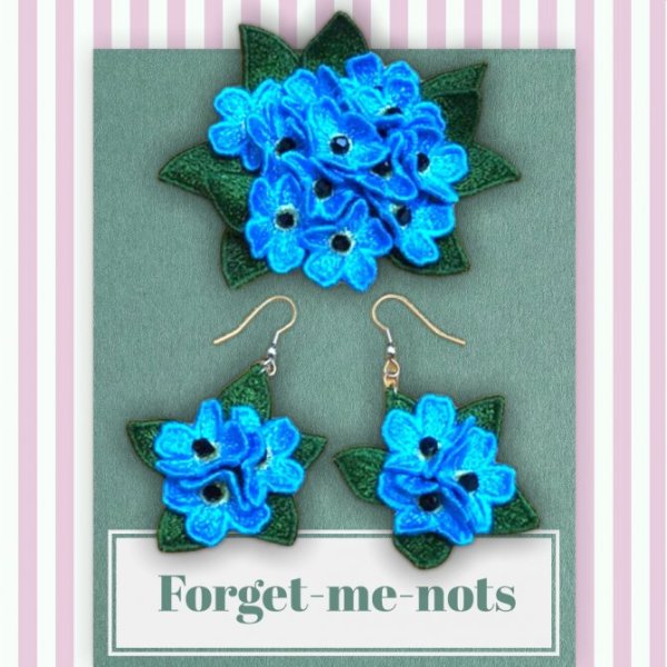 Machine embroidery design Brooch and Earrings FSL Forget-me-nots, set for creating jewelry