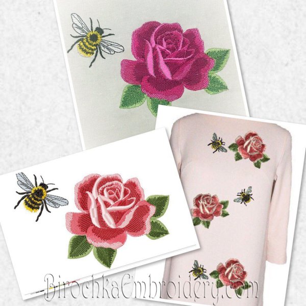 Machine Embroidery designs Rose and Bee