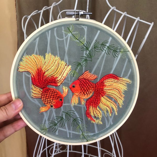 Goldfish machine embroidery design in the art surface technique