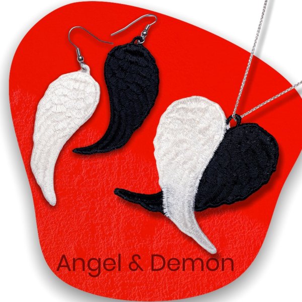 Angel and demon Earrings and pendant Machine embroidery design