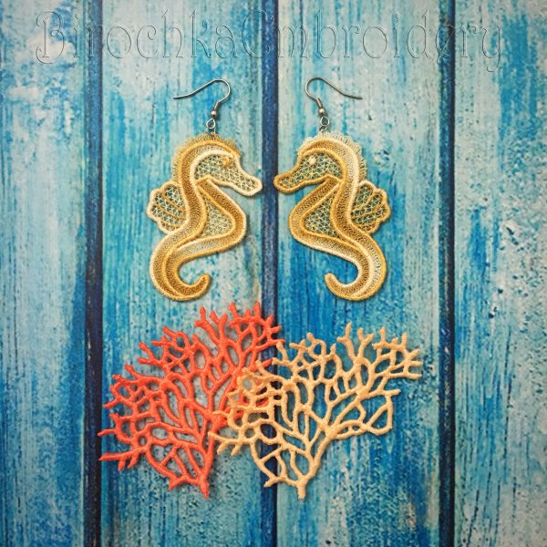 Earrings sea horses and brooches corals machine embroidery designs