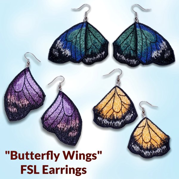 Butterfly wings Earrings FSL Machine embroidery design