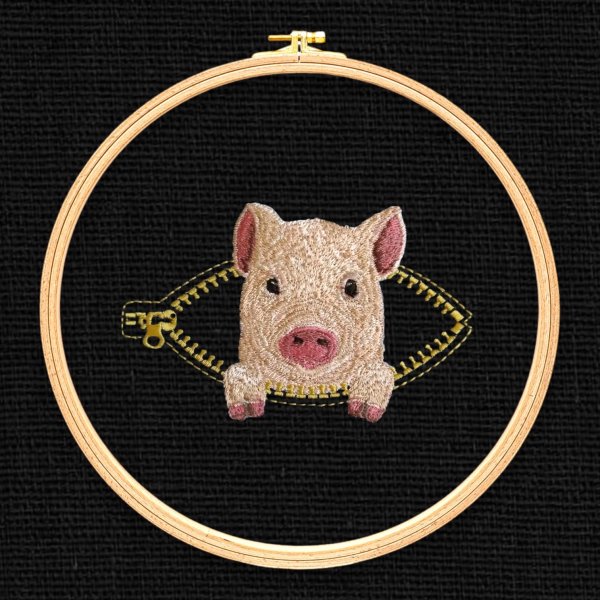 Mini pig in a pocket with a zipper Miniature realistic design of machine embroidery