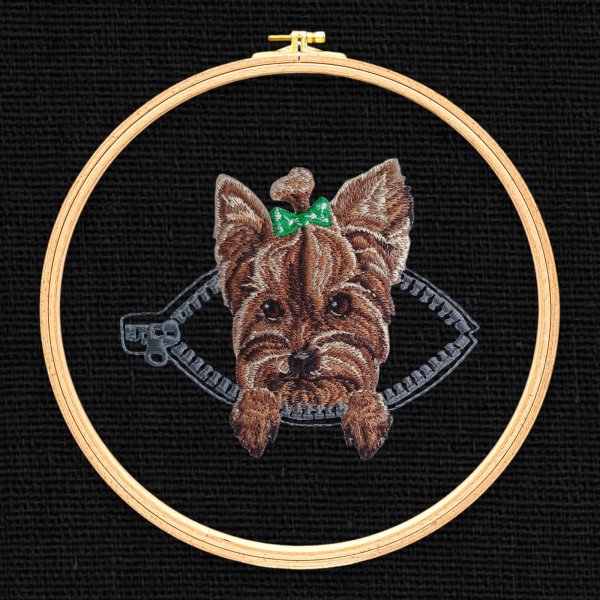 York in a pocket with a zipper Miniature realistic machine embroidery design Pet design Dog realisti