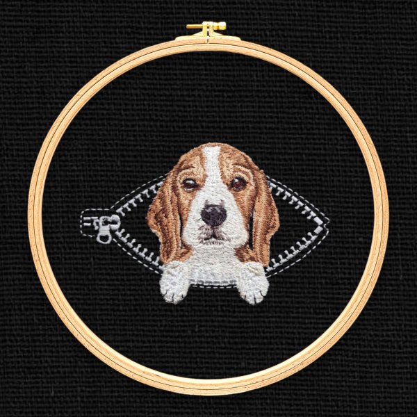Beagle in a pocket with a zipper Miniature realistic machine embroidery design Pet design dog realis