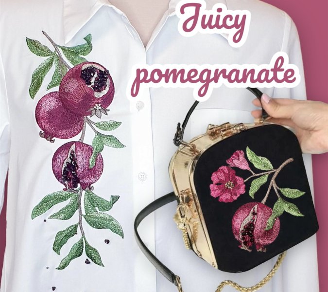 Set of Machine Embroidery Designs in Artistic Surface Technique Juicy Pomegranate machine embroidery