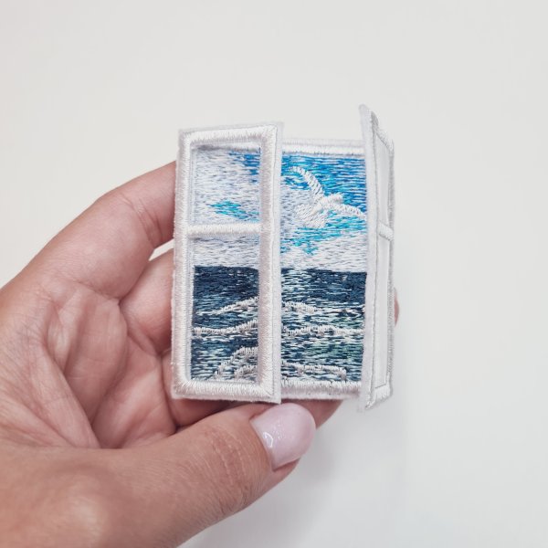 Machine embroidery design for art therapy: Brooch "Window with a sea view"