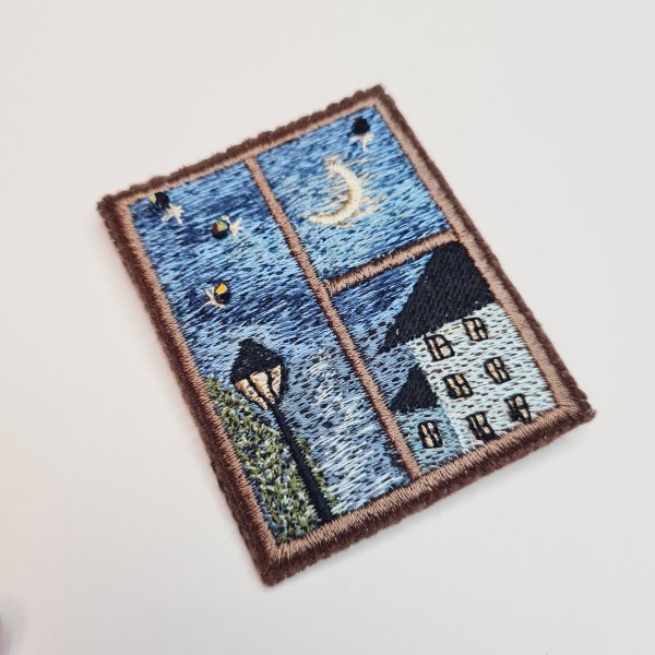 Machine embroidery design for art therapy: Brooch "Window night landscape"