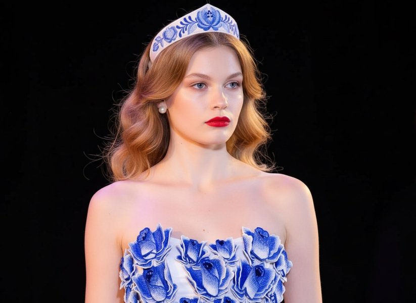 Gzhel-style kokoshnik headband project in a hoop: machine embroidery design